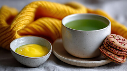 Green tea served with pale pistachio round cookies on ceramic plate