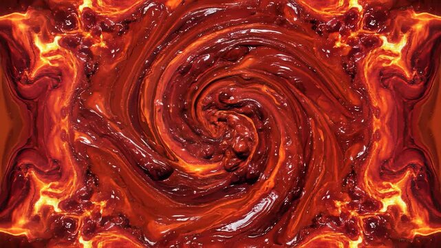 Vibrant red swirling liquid surrounded by fiery flames and molten lava.