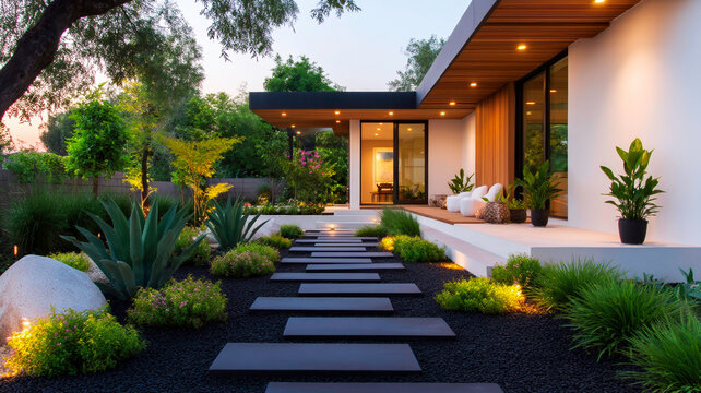Modern Residential Garden Path with Dark Basalt Stones and Subtle Recessed Lighting