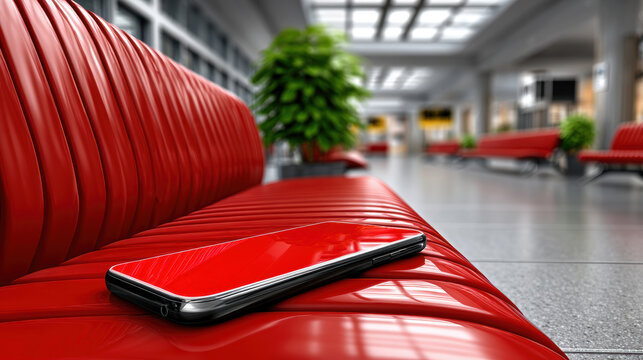 Red smartphone left on red airport bench with empty terminal seating for lost phone alert announcement and mobile boarding pass reminder advertisement