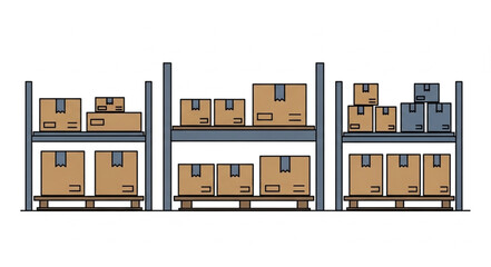 Warehouse storage shelves filled with cardboard boxes ready for shipping and distribution.