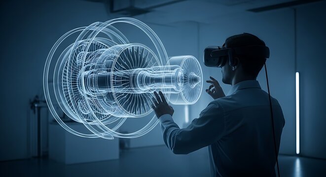 Engineer interacting with futuristic jet engine hologram interface in modern laboratory symbolizing advanced aerospace technology
