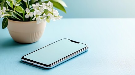 Smartphone with floral decor on a blue surface.