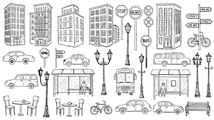 Obraz premium City Street Elements Vector Set – Hand Drawn Urban Buildings, Cars, Buses, Street Lamps, and Road Signs Illustration