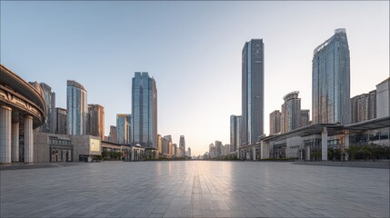 Obraz premium Modern urban skyline with skyscrapers, clean plaza, and peaceful atmosphere during sunrise in a bustling city environment