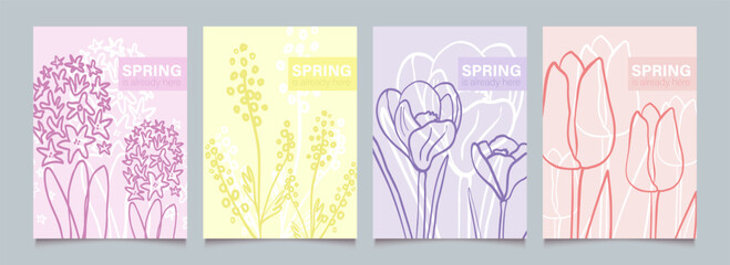Spring flowers in line art. Floral cute set of plant. Hand drawn vintage background template with botanical motifs. Simple sketch. Vector doodle illustration. © tigadesign