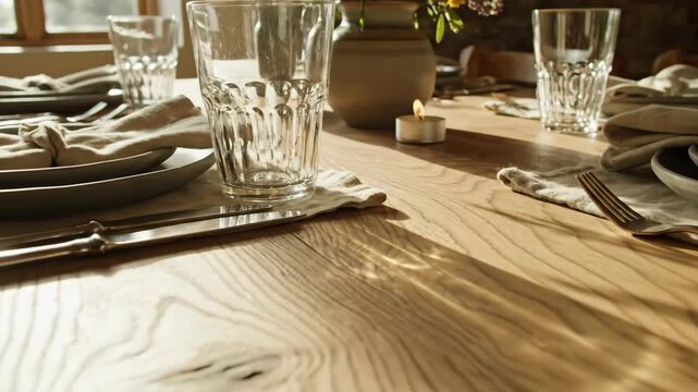 Table with dishes, glasses, and flowers setup for dinner. Concept of dining, entertaining or celebration, creating a cozy atmosphere.