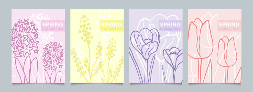Spring flowers in line art. Floral cute set of plant. Hand drawn vintage background template with botanical motifs. Simple sketch. Vector doodle illustration.