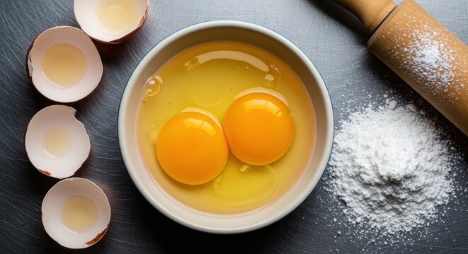 Two vibrant egg yolks and whites in a ceramic bowl, ready for culinary preparation.
