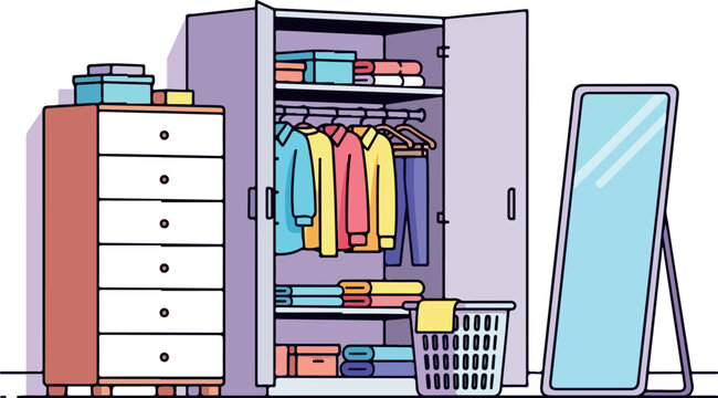 Open Wardrobe Closet Interior Isolated Transparent Background Flat 2D Vector
