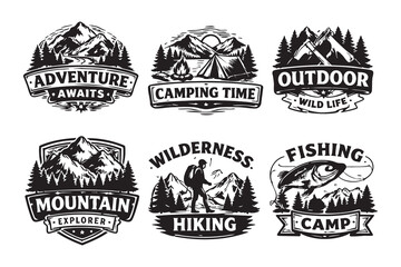 Fototapeta premium mountain adventure hipster logos. Set of Vintage Outdoor mountains Summer Camp badges or Patches. vector emblem designs. Great for shirts, stamps, stickers logos and labels.