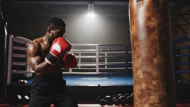 African american man boxer training with heavy bag in dim gym background. Sportsman practicing punches for fitness and combat.