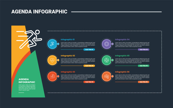 Agenda or schedule infographic process diagram with big circle folding edge with line divider on double column with dark background bright outline style 6 points