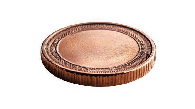Single antique copper coin with detailed textured rim and blank central oval isolated on transparent background for versatile design applications