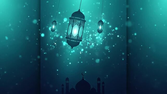 Animated Islamic background with hanging lanterns and mosque silhouette on teal glow