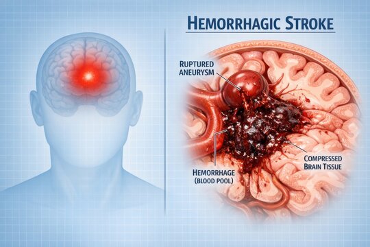 Hemorrhagic Stroke Brain Aneurysm Rupture Medical Illustration.