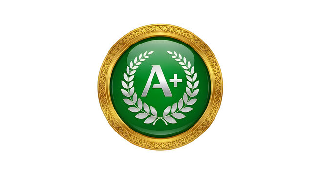 Gold laurel wreath with A plus grade emblem excellence award badge isolated on transparent background
