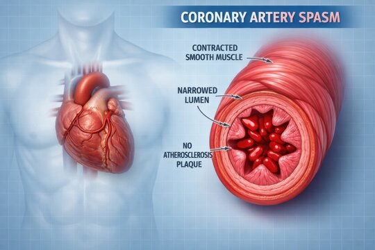 Coronary Artery Spasm Illustration - Heart, Contracted Smooth Muscle, Narrowed Lumen.