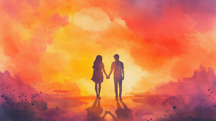 Fototapeta premium Silhouette of a couple holding hands, romantic mood, walking at sunset background
