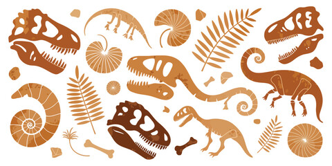 Collection of Dinosaur Skeletons and Fossils in Warm Earthy Tones, Detailed Prehistoric Bones Illustration Isolated on White Background for Educational Prints, Museum Posters and Paleontology Design © RIO TOO