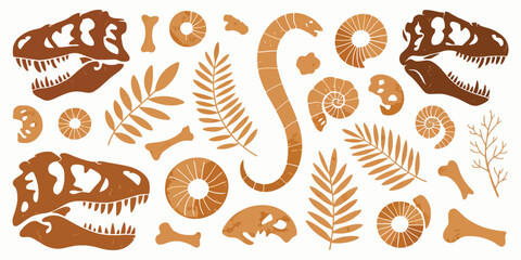 Collection of Dinosaur Skeletons and Fossils in Warm Earthy Tones, Detailed Prehistoric Bones Illustration Isolated on White Background for Educational Prints, Museum Posters and Paleontology Design © RIO TOO