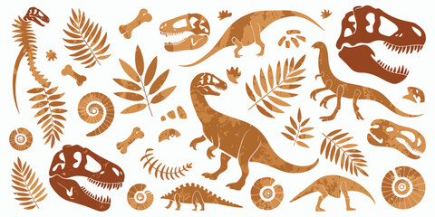 Collection of Dinosaur Skeletons and Fossils in Warm Earthy Tones, Detailed Prehistoric Bones Illustration Isolated on White Background for Educational Prints, Museum Posters and Paleontology Design © RIO TOO