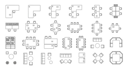 Various top-down architectural floor plan designs of tables and seating arrangements. © Cihu