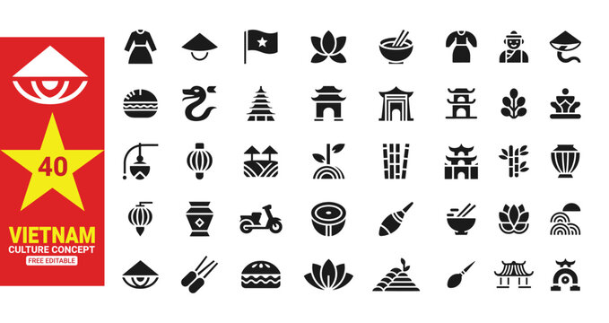 40 Vietnamese cultural icons and symbols arranged in a colorful graphic design