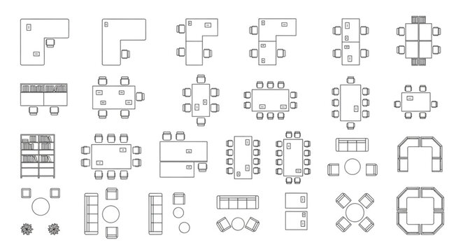 Various top-down architectural floor plan designs of tables and seating arrangements.