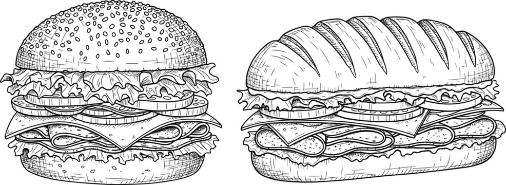 Hand‑Drawn Black and White Sandwich Vector Illustrations Featuring Classic Hamburger with Sesame Bun and Sub Sandwich with Crusty Bread and Layered Ingredients