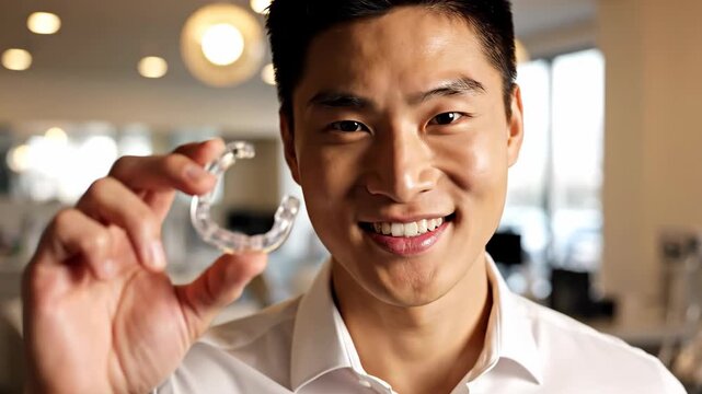 Happy asian man holding transparent dental aligner for orthodontic treatment with smiling face and glowing teeth.
