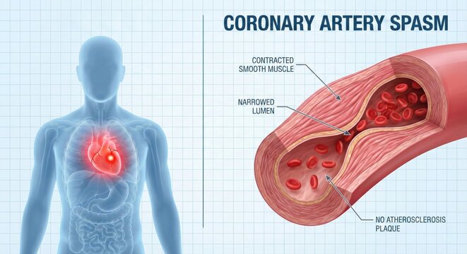 Coronary Artery Spasm, Human Heart Anatomy, Medical Illustration.