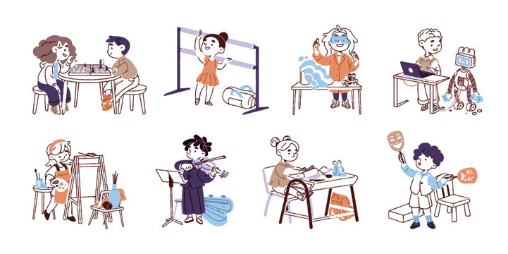 Child activities and hobbies set. Creative children are drawing, dancing, playing chess, music instruments. Kids are interested in art and learning. Flat isolated outline vector illustrations on white