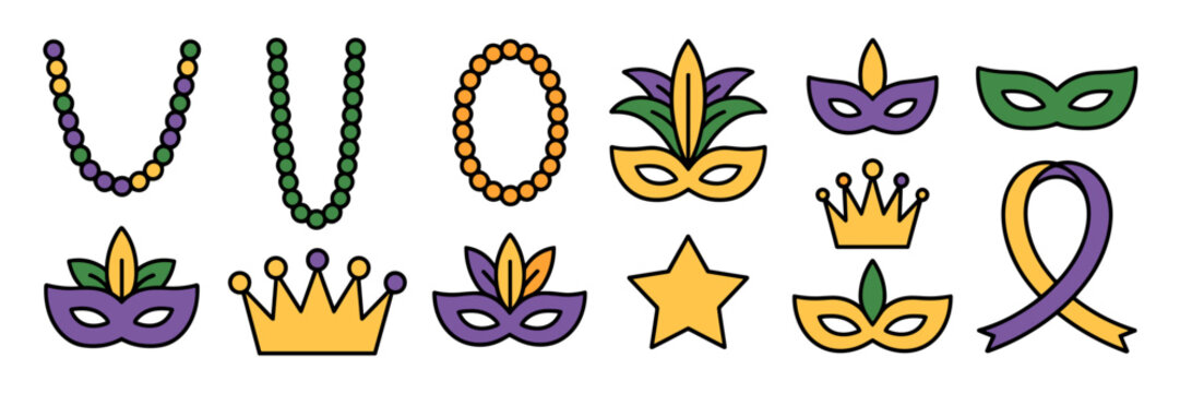 Mardi Gras party element icons in flat style - Great for posters.