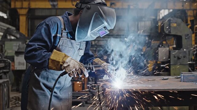 Male Welder Wearing Dark Blue Denim Overalls and Protective Gear Sparks Fly During Metal Fabrication Work Indoors