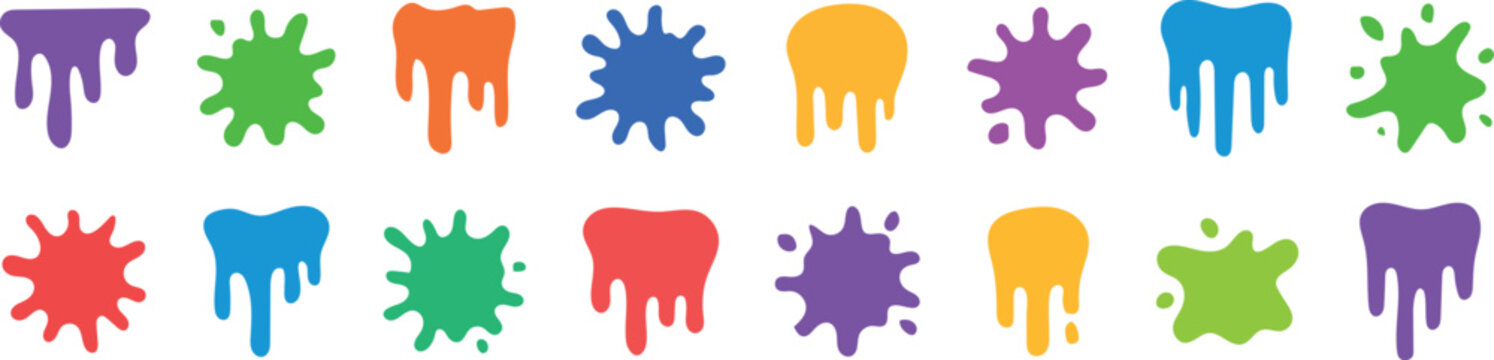 Creative paint drips and splatter vector set. Vibrant ink splash and dripping paint elements. Abstract colorful paint blotches illustration. Artistic dripping paint graphics.