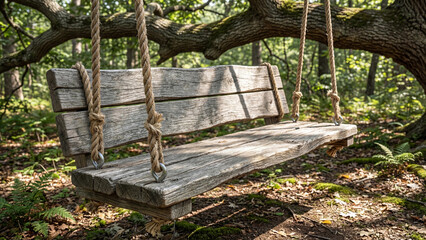 Wooden swing hanging from tree branch in forest setting  