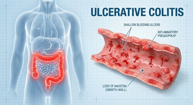 Ulcerative Colitis Illustration - Human Anatomy, Inflamed Colon, Medical Diagram.