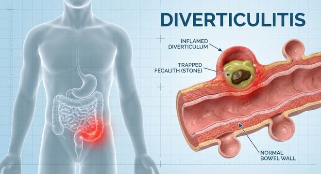 Human body diagram illustrating diverticulitis, inflamed colon, digestive system.