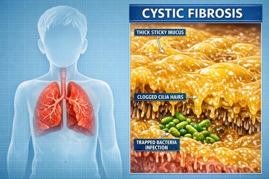 Cystic Fibrosis Illustration - Lungs, Mucus, Bacteria, Disease.