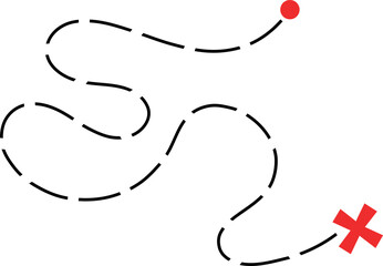 Map path with red cross destination. Dotted line route icons set. Travel location track, navigation way points, and treasure map direction vector illustration.