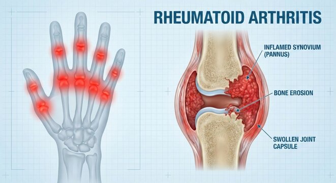 Rheumatoid Arthritis Illustration - Hand and Knee Joint Inflammation Diagram.