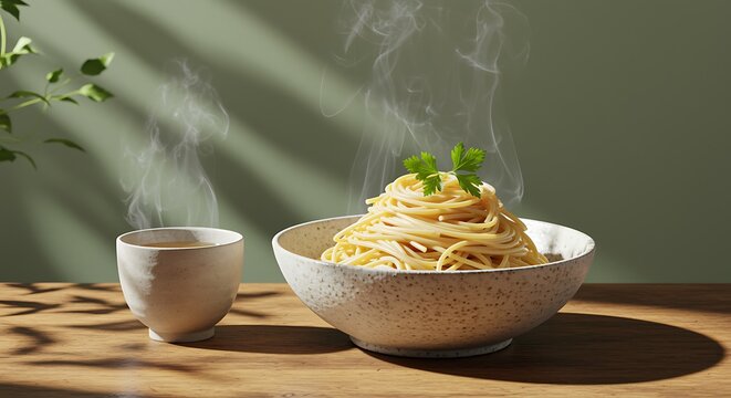 Steaming bowl of spaghetti with parsley and a cup of coffee on wooden table