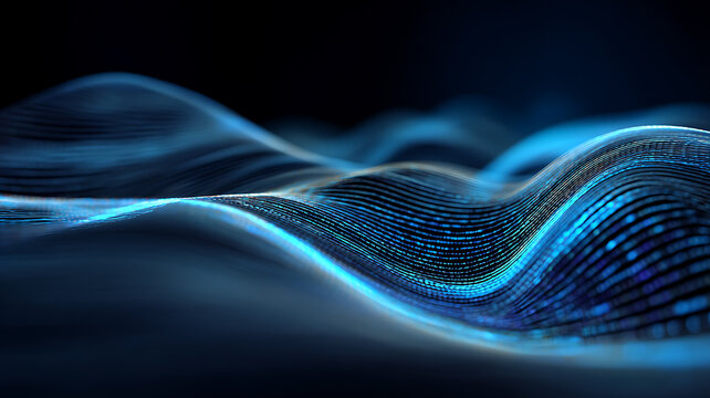 Abstract blue wave pattern with glowing lines and dots on dark background