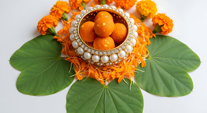 Traditional Indian Festival Sweets with Motichoor Laddu, Marigold Flowers, and Apta Leaves for Dussehra and Diwali Celebrations
