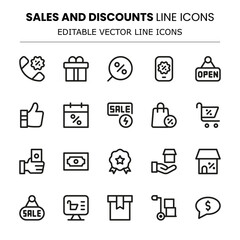 Sales and Discounts Modern Line Icon Pack. Suitable for marketing campaigns, deals, and customer promotions.