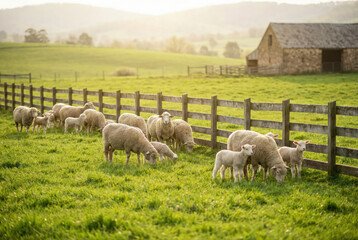 Obraz premium A flock of white sheep and their lambs grazing in a lush green pasture beside a long wooden fence at sunset.