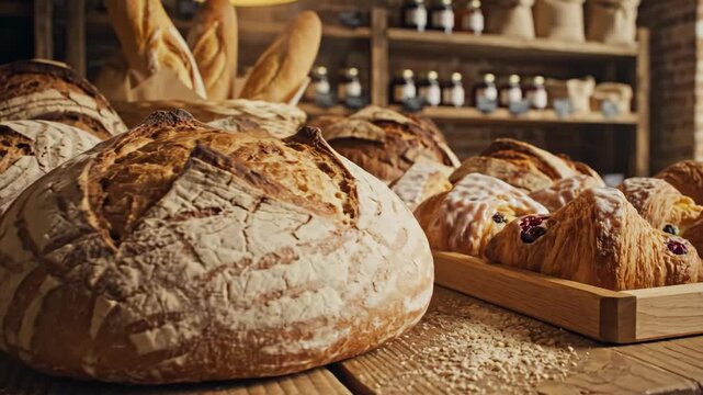 Freshly baked artisan bread and croissants displayed on wooden shelves in a rustic bakery setting with loaves, baguettes, and pastries.