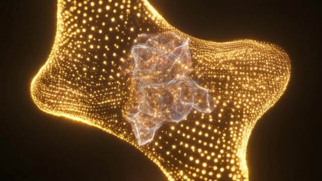 Glowing particles self-assembling into abstract sculptural forms in mid-air, creating a futuristic composition that visualizes generative design, energy, and digital matter formation.
