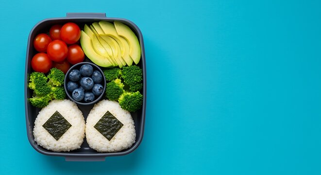 Healthy food in lunch box with rice broccoli avocado tomatoes and blueberries on blue background